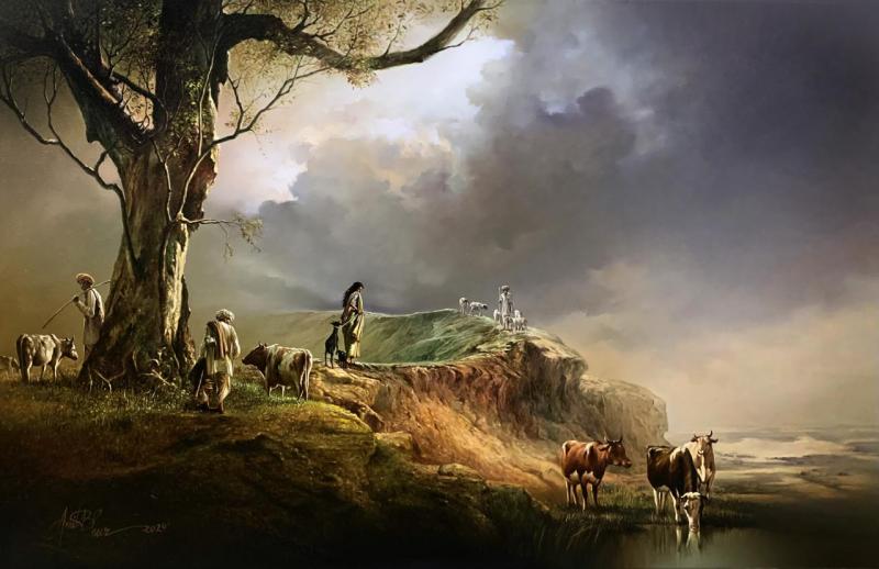 Oil & Acrylic on Canvas painting titled Beautiful Indian Countryside