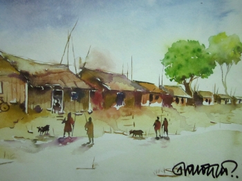  painting titled Village by the Ganges