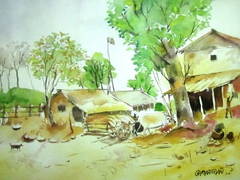  painting titled Village Scene
