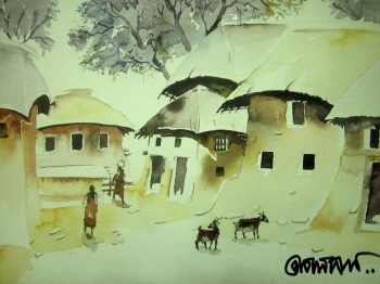  painting titled Mud Huts