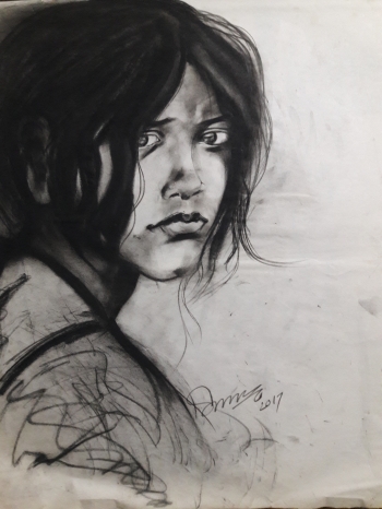 Charcoal on paper painting titled Mixed Emotions