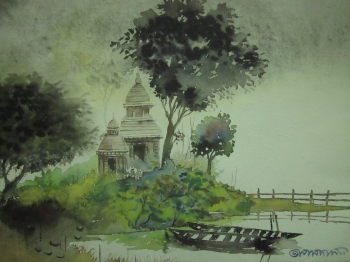  painting titled Temple by the stream