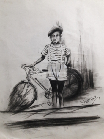 Charcoal on paper painting titled Kid with a Bike