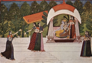  painting titled Krishna and Radha on the Pavillion