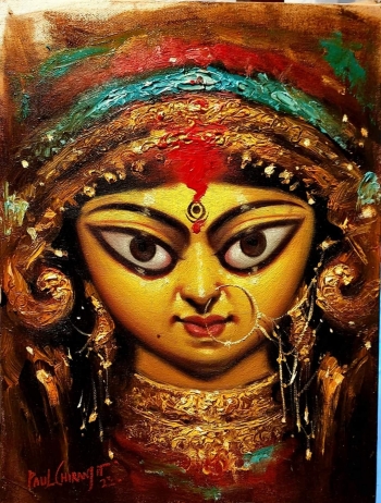 Oil on canvas painting titled Durga