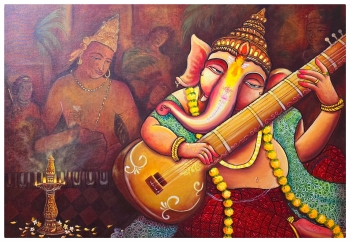 Acrylic on Canvas painting titled Ganesh playing sitar