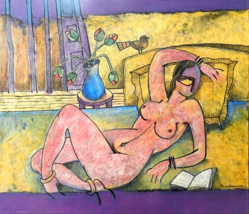 Acrylic on paper pasted on canvas painting titled Pink Nude
