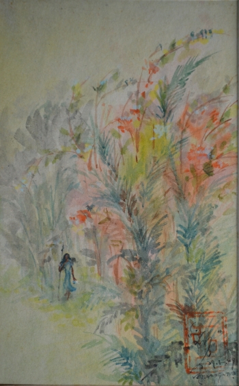 Watercolor, Oil Pastel, Sketch Pen on Post Card painting titled A walk through the woods