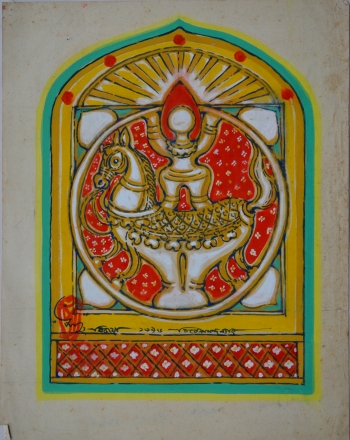Watercolor on Drawing Sheet, Unframed painting titled Lakshmi on a Horse