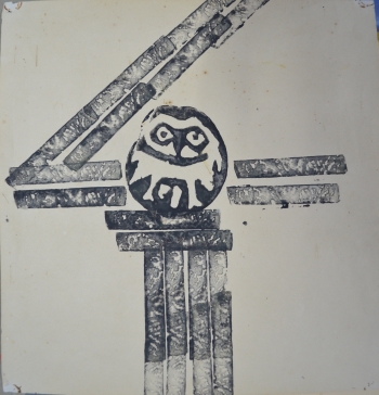 Potato Print on Drawing Sheet painting titled The Owl