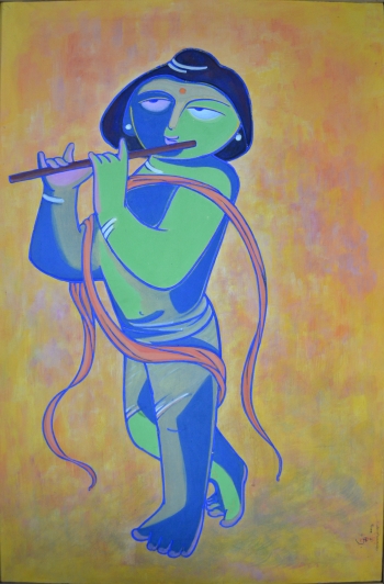 Watercolor on Canvas Drum Mount painting titled Rama Kanhaiyan