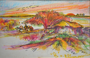 Watercolor, Oil Pastel, Sketch Pen on Post Card painting titled Morning in the Village