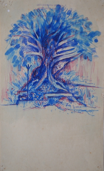 Water Color and Ball Point Pen on Thin Drawing Paper, Unframed painting titled Banyan Tree