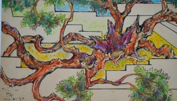 Watercolor, Oil Pastel, Sketch Pen on Post Card painting titled Bodi Brikkha