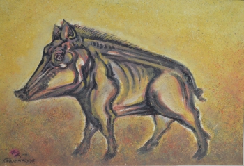 Watercolor on Drawing Sheet painting titled Wild Boar (Varaha)