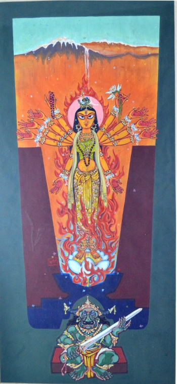 Water Color on Drawing Sheet on Brown paper, Framed painting titled Sri Sri Durga