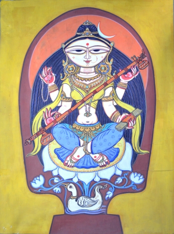 Watercolor on Markin Cloth on Brown paper Drum Mount, Framed painting titled Saraswati
