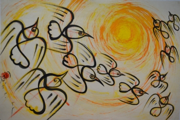 Water Color on Drawing Sheet, Unframed painting titled Flight of the Flocks