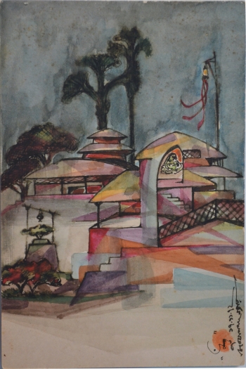 Sketch Pen and Water Color on Post Card painting titled Village