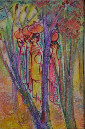 Watercolor, Oil Pastel, Sketch Pen on Post Card painting titled Village Women