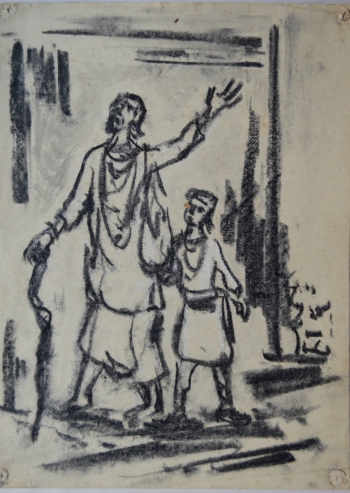 Charcoal on Paper, Unframed painting titled Fakir and Child