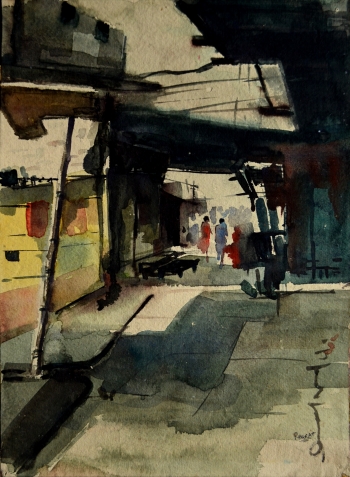 Watercolor on Handmade Paper painting titled Old City Street, Kolkata