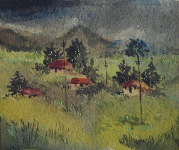 Watercolor on Poster Paper painting titled Villages of Bengal