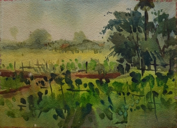 Watercolor on Handmade Paper painting titled Mustard Fields