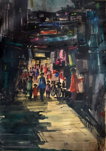 Watercolor on Handmade Paper painting titled Night Market
