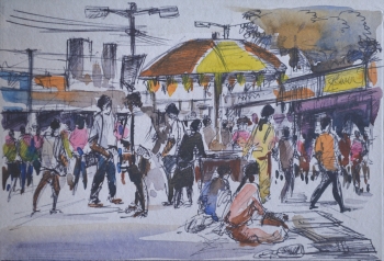 Watercolor on Poster Paper painting titled Kolkata Book Fair