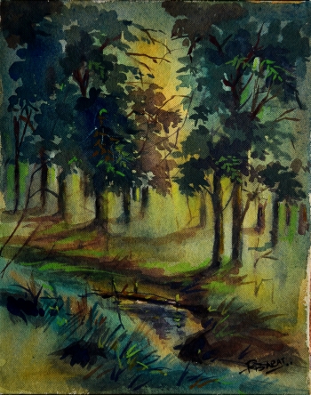 Watercolor on Handmade Paper painting titled First Rays of the Morning Sun