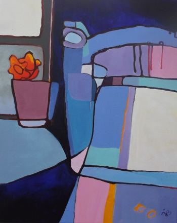 Acrylic and ink on canvas painting titled The chair by the window