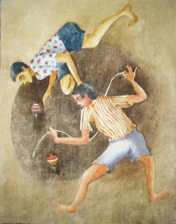 Watercolor on Canvas painting titled A Spinning Competition