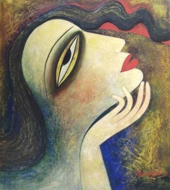 Tempera on canvas board painting titled A Woman in Love III