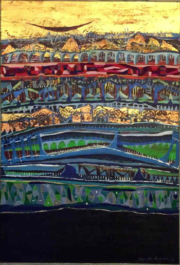 Acrylic & Embroidery on Canvas painting titled My City II