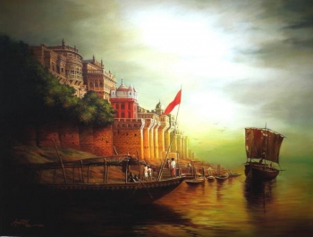 Oil and arcylic on canvas painting titled Sunrise at the Ramnagar Fort, Varanasi
