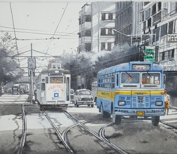 Acrylic on Canvas painting titled Kolkata Nostalgia - II