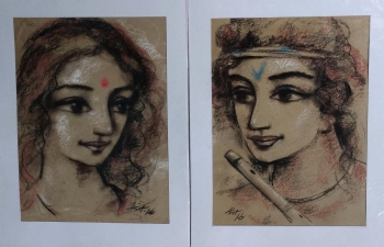 arcylic on canvas painting titled Young Radha & Krishna