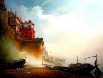 Acrylic on Canvas painting titled The Majestic Ramnagar Fort Palace at Benares