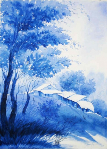 Watercolour on paper painting titled A Hillscape in Blue