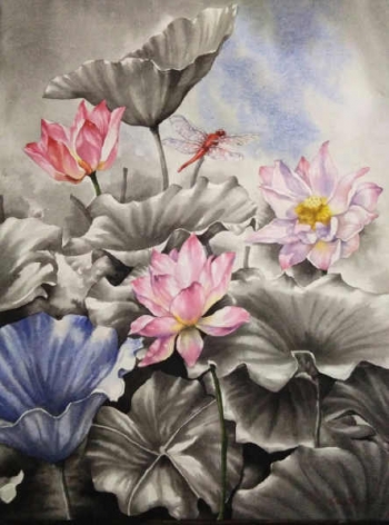 Watercolour on paper painting titled Water Lilies in Bloom