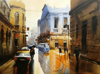 Arcylic on Canvas painting titled A Monsoon Morning in Kolkata