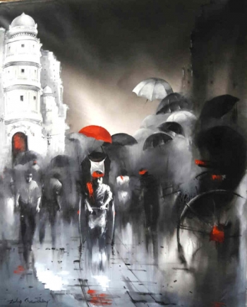 Acrylic on Canvas painting titled Marvellous Monsoons in Kolkata