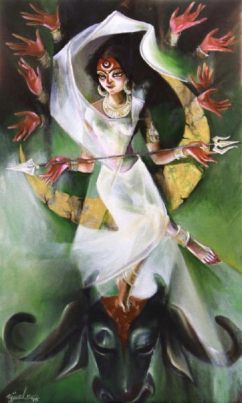 Oil & Acrylic on Canvas painting titled Mahishasurmardini