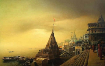 Acrylic on Canvas painting titled On the Banks of the Ganges II