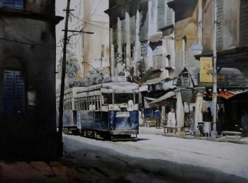 Acrylic on canvas painting titled A Journey through Kolkata