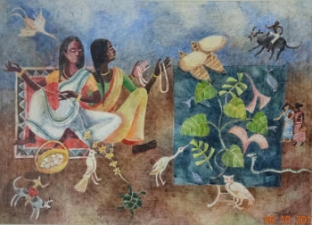 Watercolor on Paper painting titled Everyday rituals in my village
