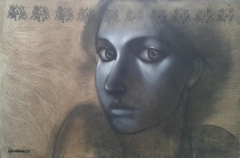 Charcoal & Acrylic on canvas painting titled The windows to her sowl