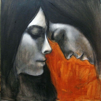 charcoal and arcylic on canvas painting titled Sisters