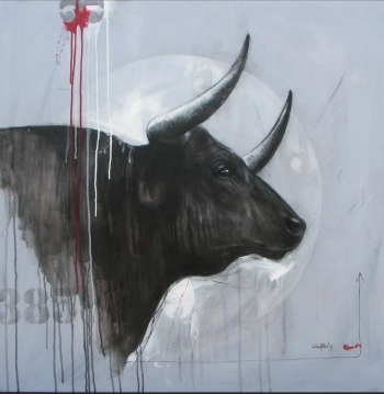 Mixed media on canvas painting titled  A Magnificent Bull II 